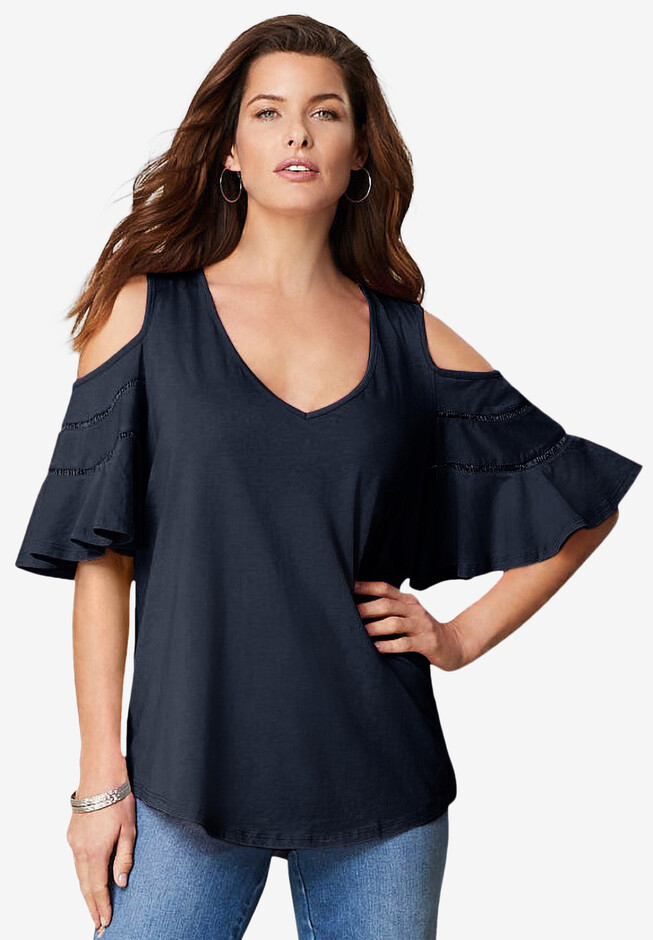 Ruffle-Sleeve Top with Cold Shoulder Detail | Roaman's