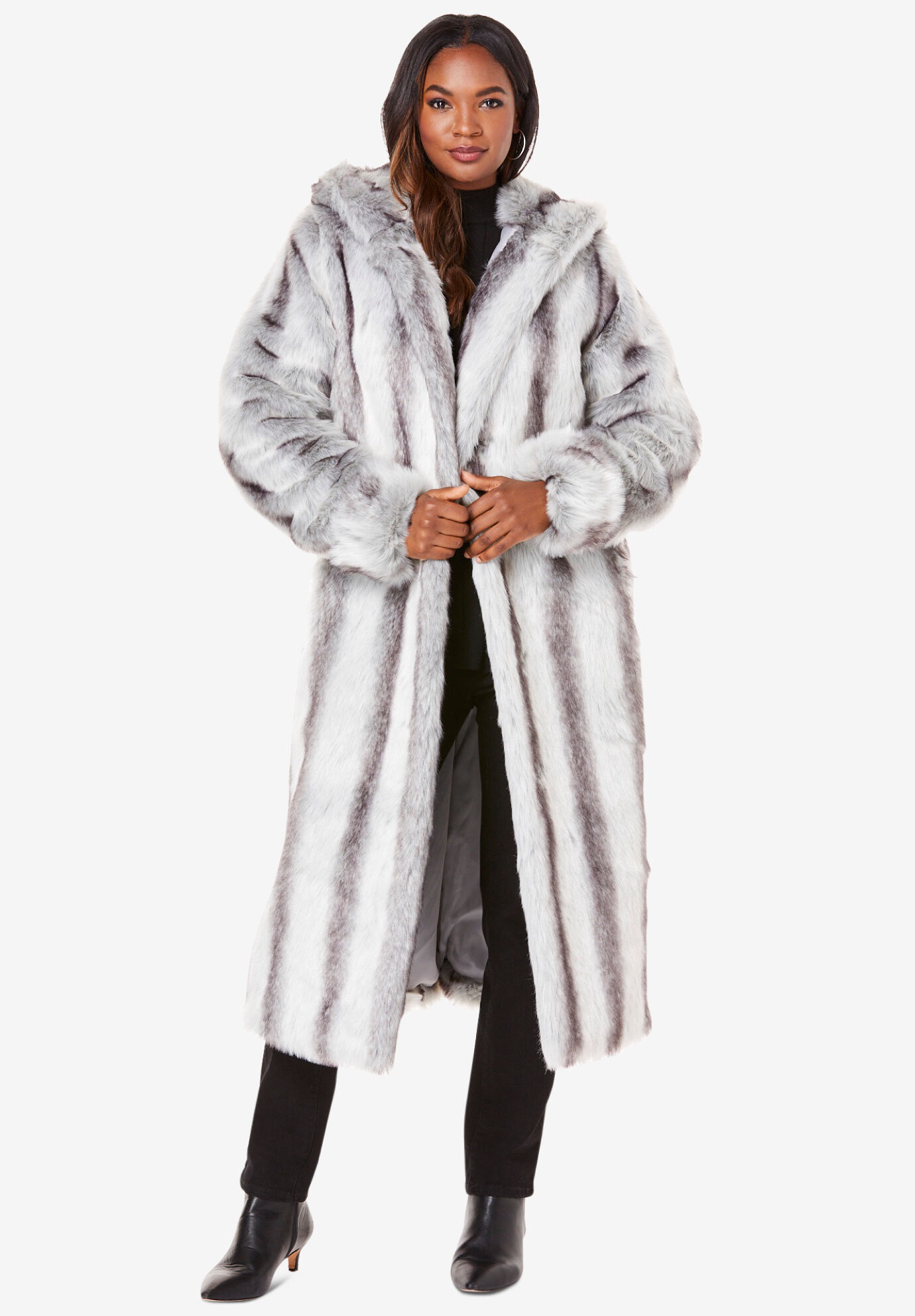 Full Length Faux-Fur Coat with Hood 