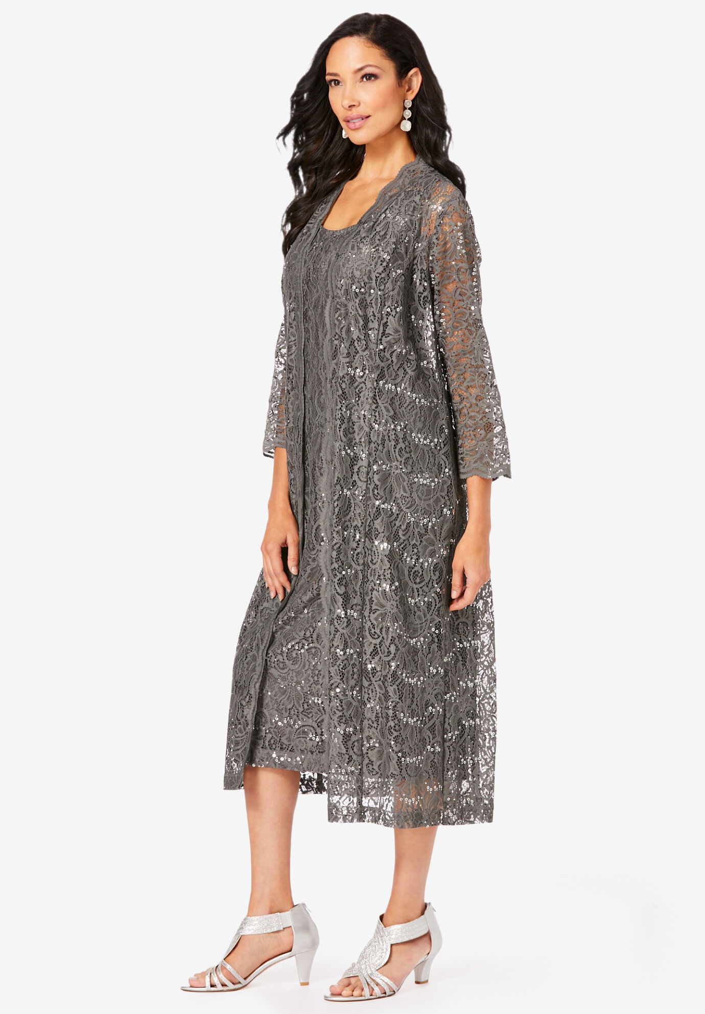 Fashionable Lace & Sequin Jacket Dress Set, Black Roaman's