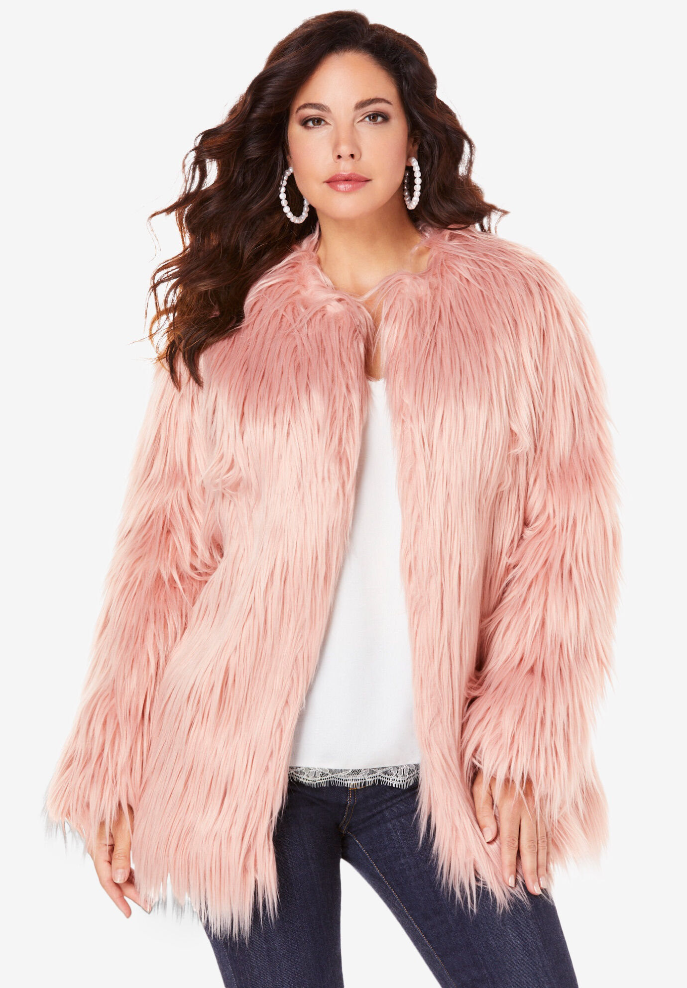 plus size pink faux fur jacket
