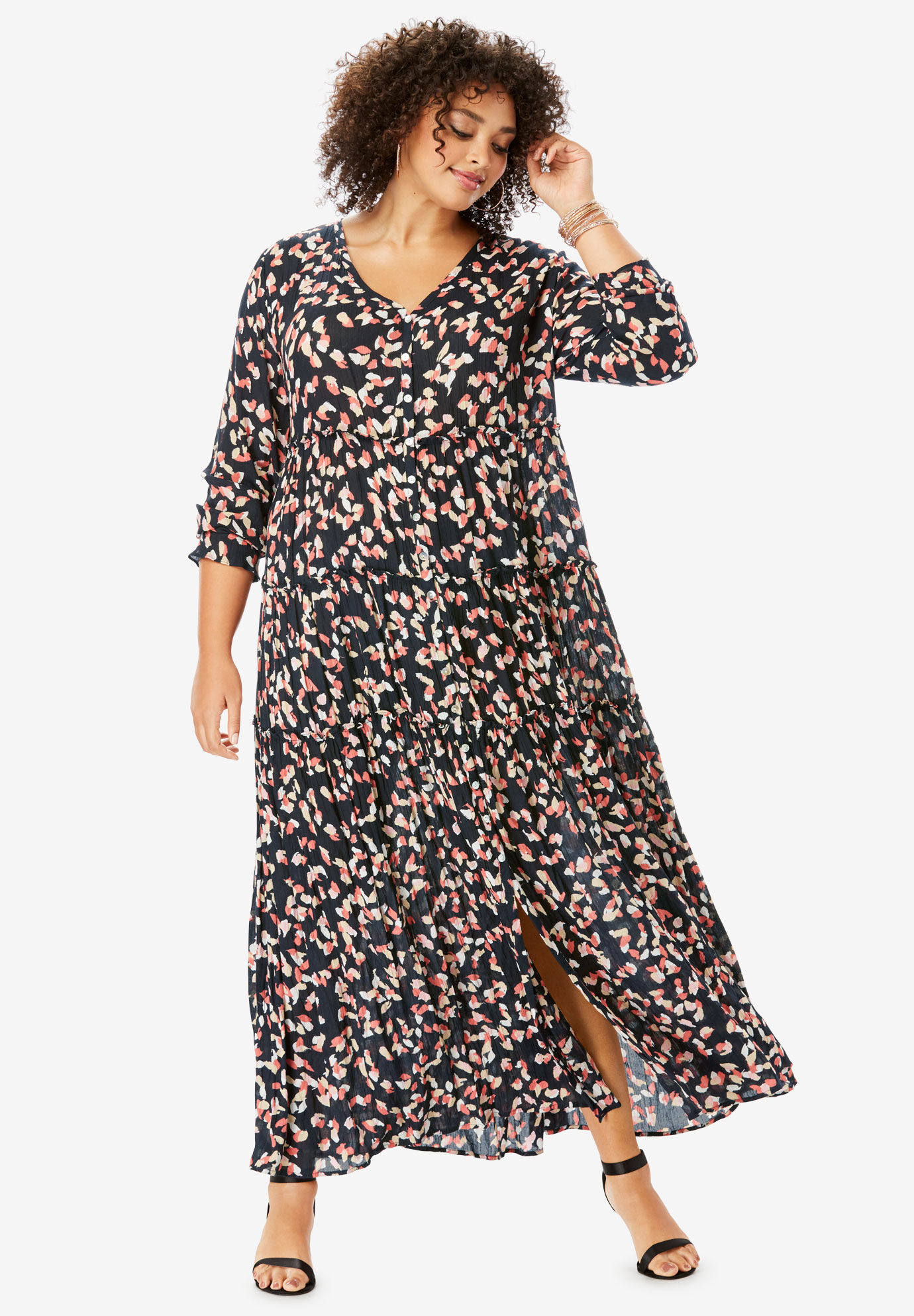 Tiered Crinkle Maxi Dress with Blouson Sleeves | Roaman's