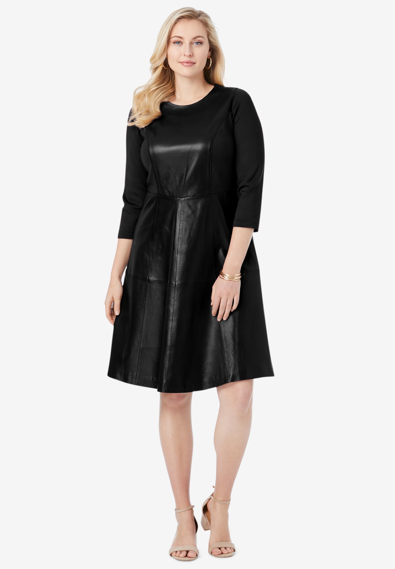 Leather and Ponte Knit Fit & Flare Dress Roaman's