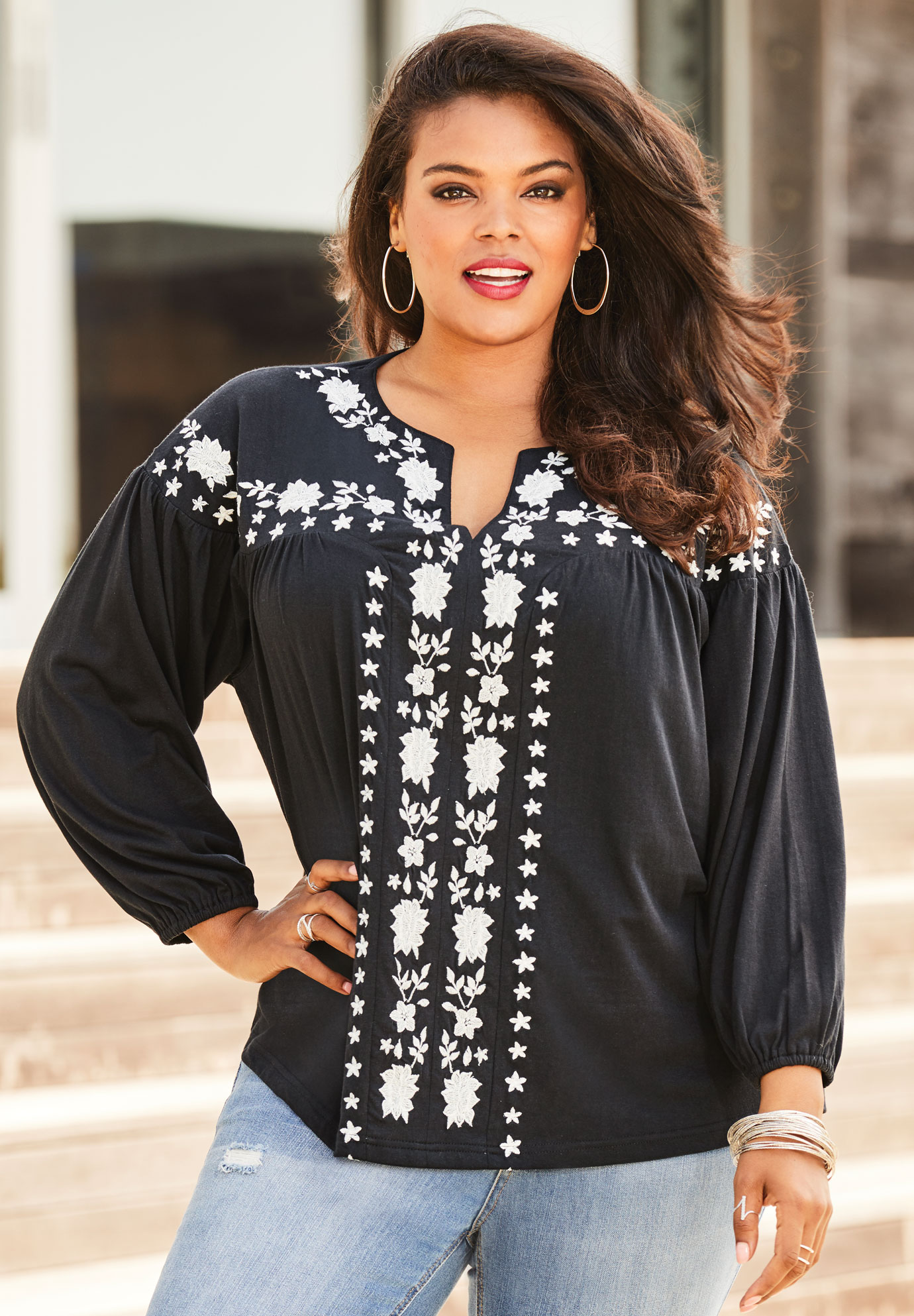 Embroidered Blouson Top | Roaman's