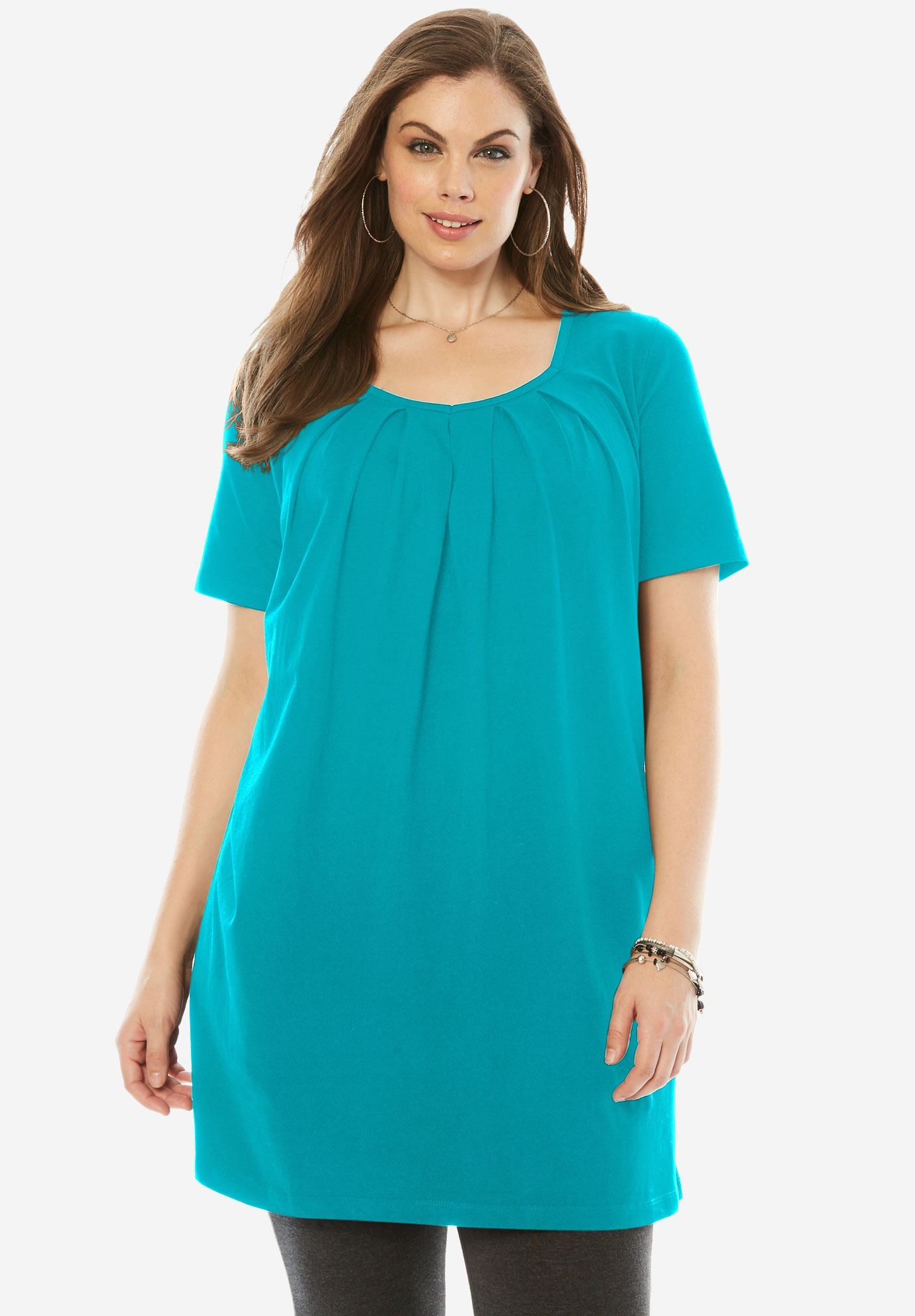 Pleat Neck Maxi Tunic | Plus Size Tops | Roaman's