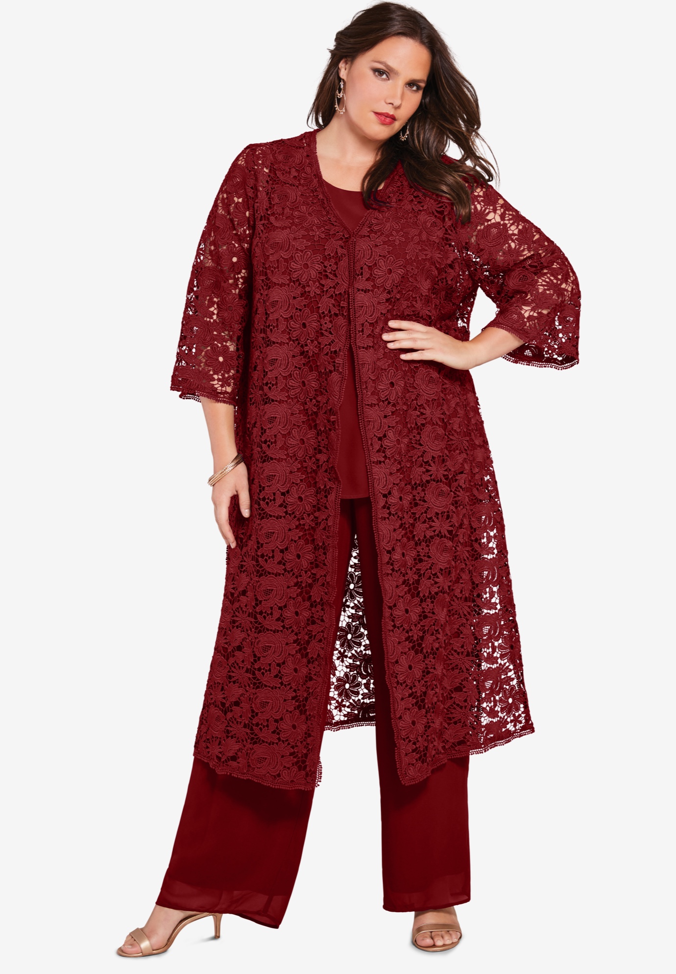 Three Piece Lace Duster And Pant Set Plus Sizepantsuits Roamans 7010