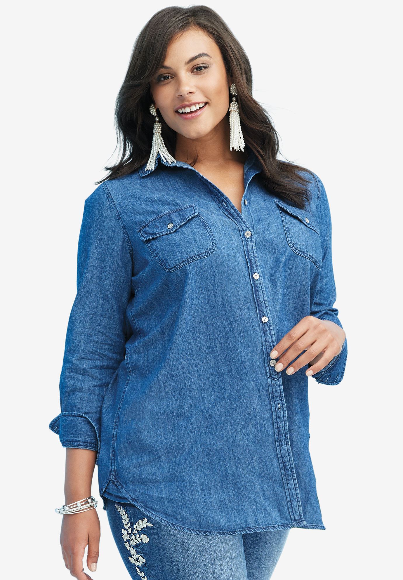 Olivia Denim Shirt by Denim 24/7®| Plus Size Blouses & Shirts | Roaman's
