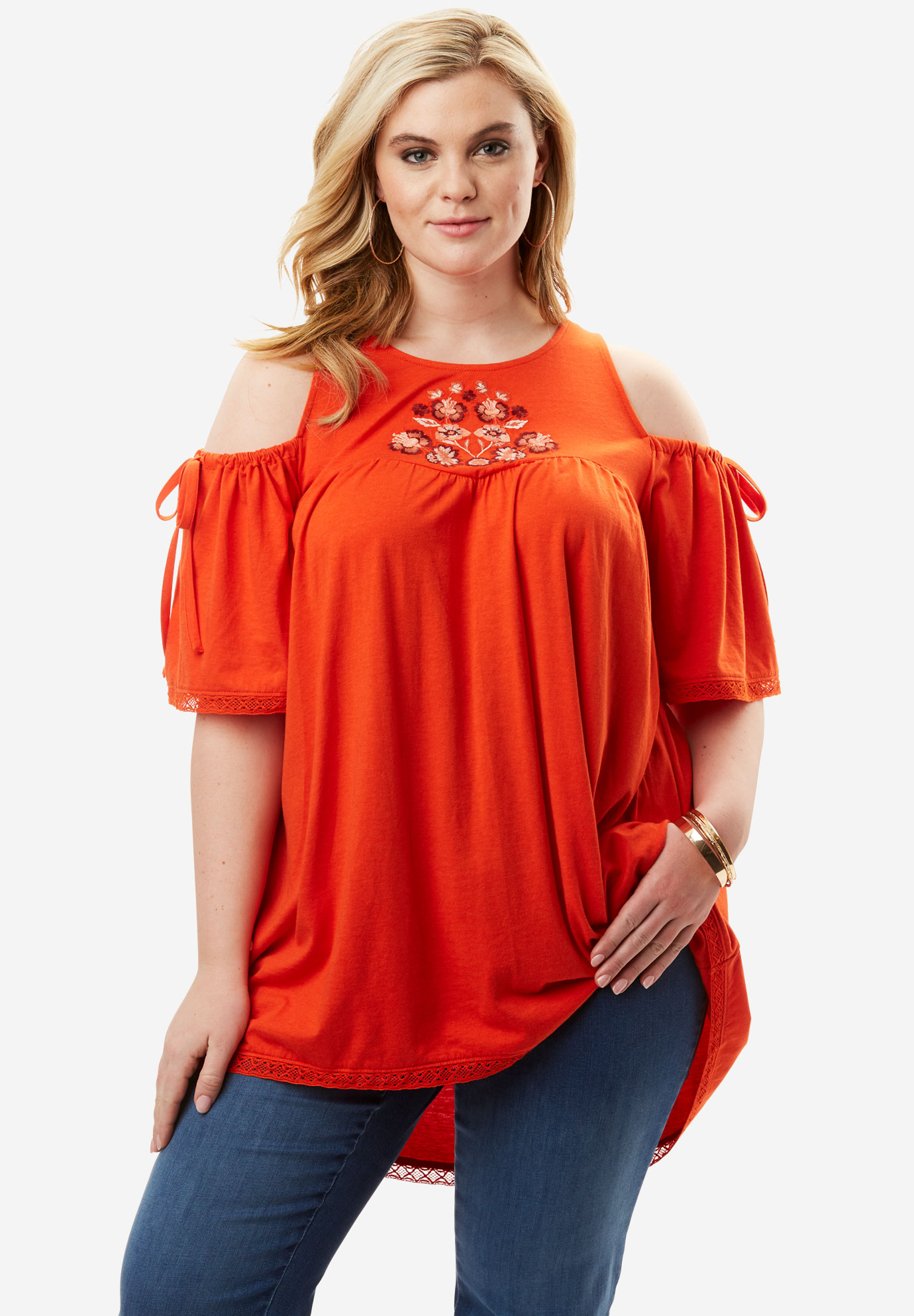 Embroidered Cold Shoulder Tunic Roamans 6474