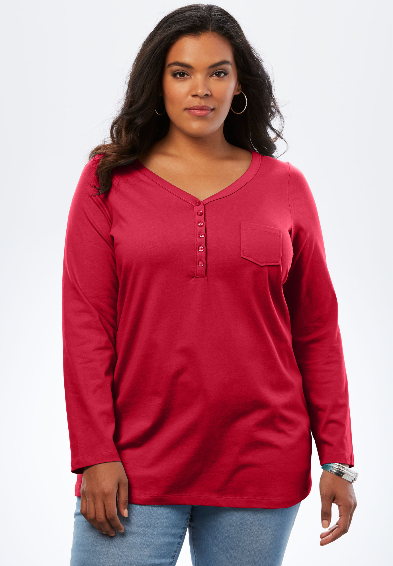 Long Sleeve Henley Ultimate Tee With Sweetheart Neck Plus Size Tees