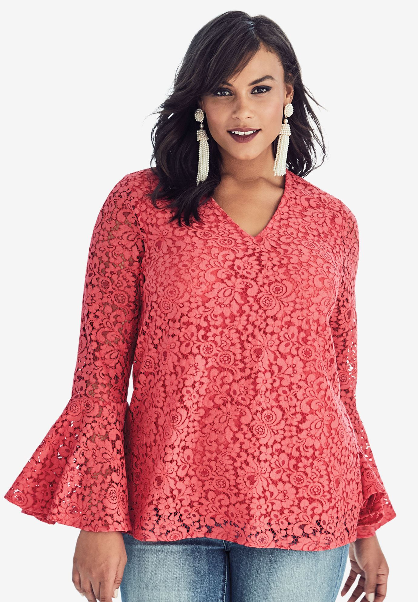 Lace Bell-Sleeve Blouse| Plus Size Blouses & Shirts | Roaman's