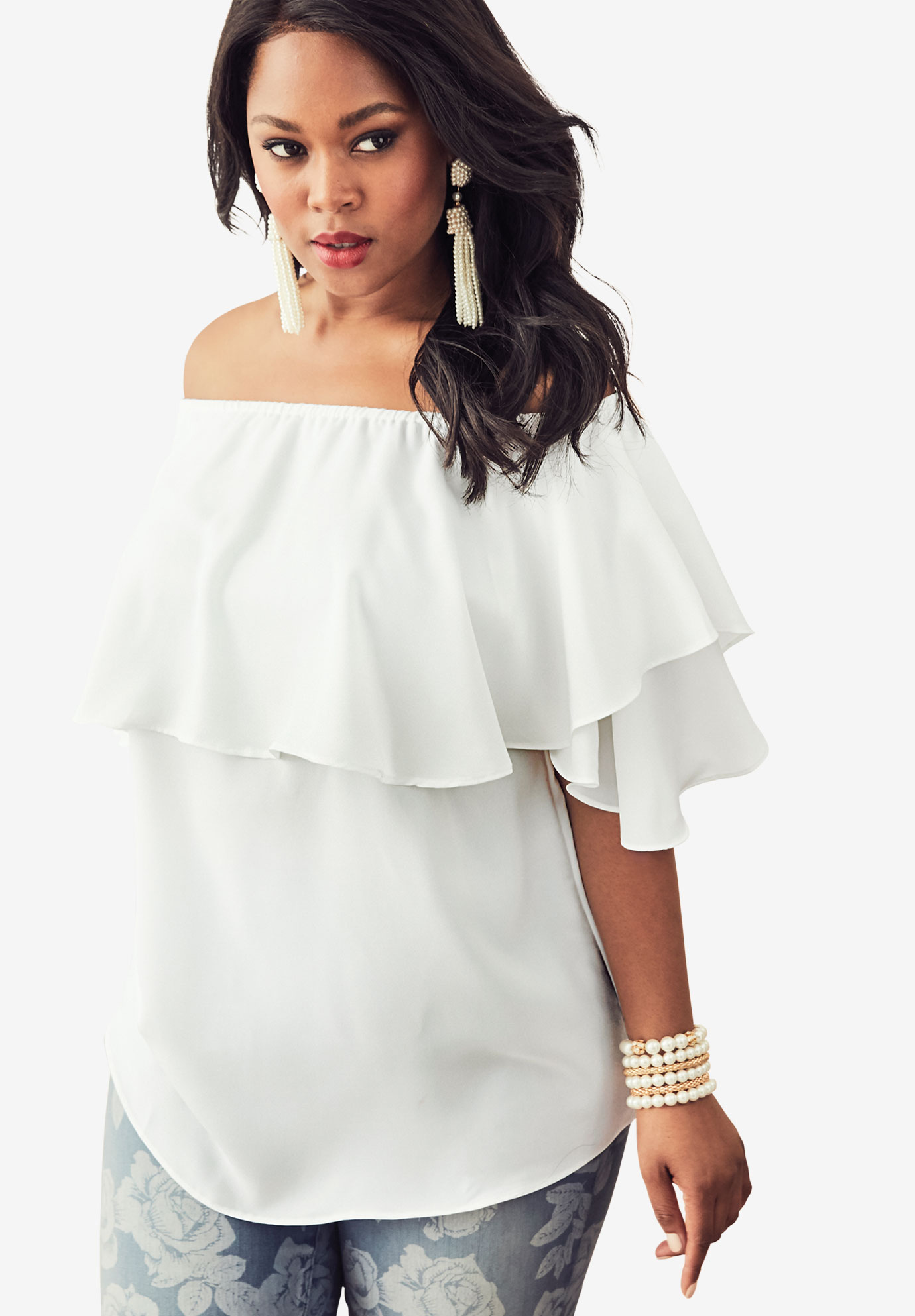 Off The Shoulder Ruffle Top Plus Size Tops Roamans 