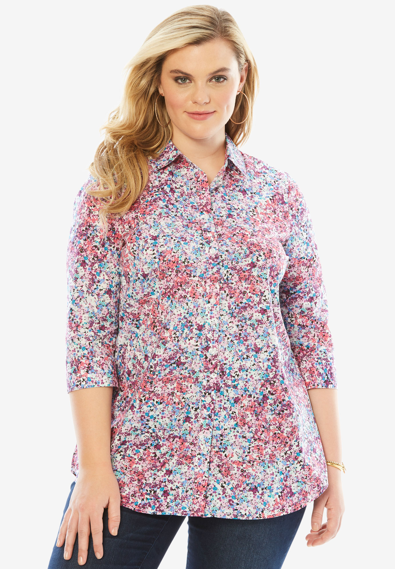 Three-Quarter Sleeve Kate Shirt | Plus Size Shirts & Blouses | Roaman's