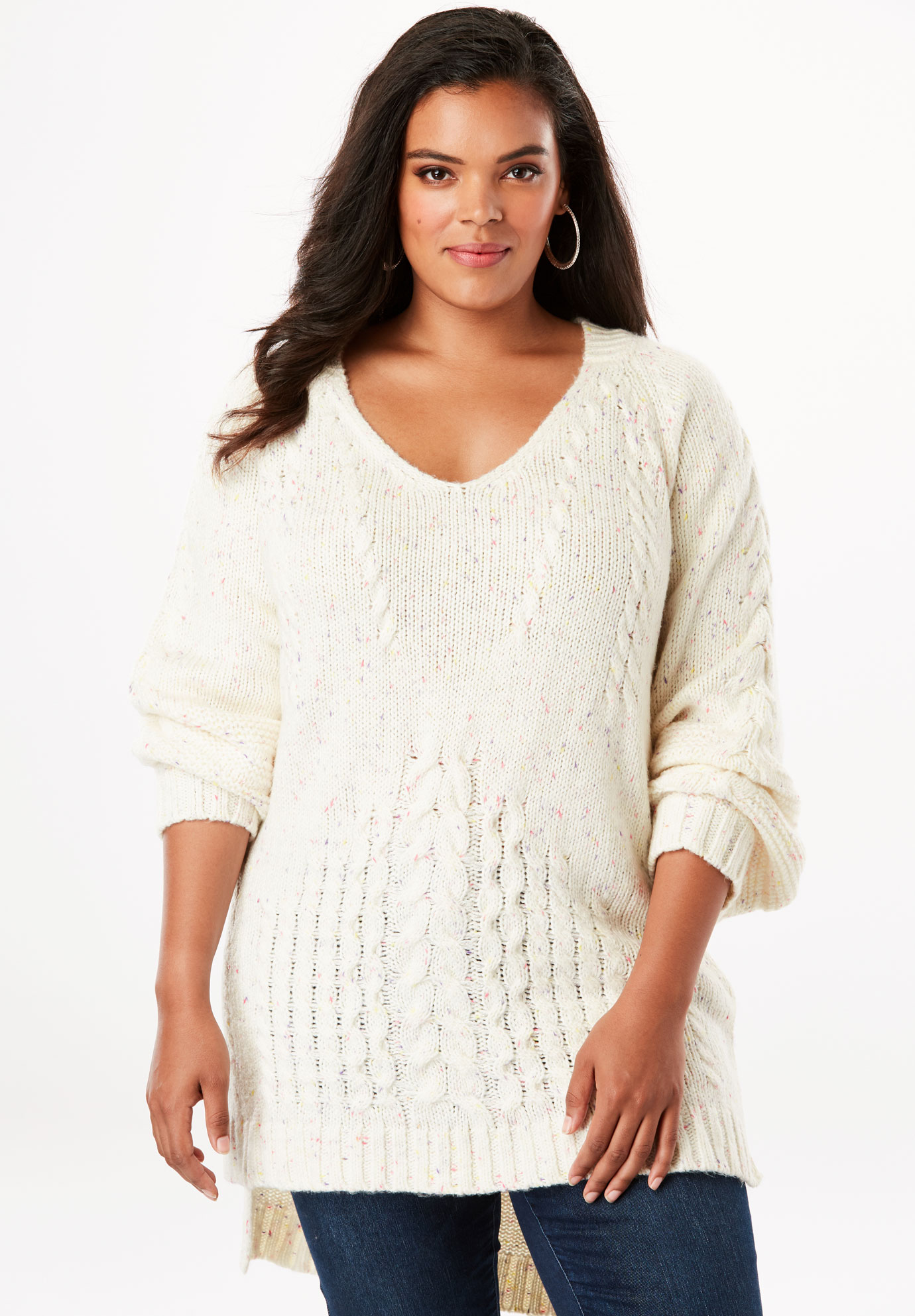 Mixed Texture Sweater with High-Low Hem | Plus Size Sweaters | Roaman's