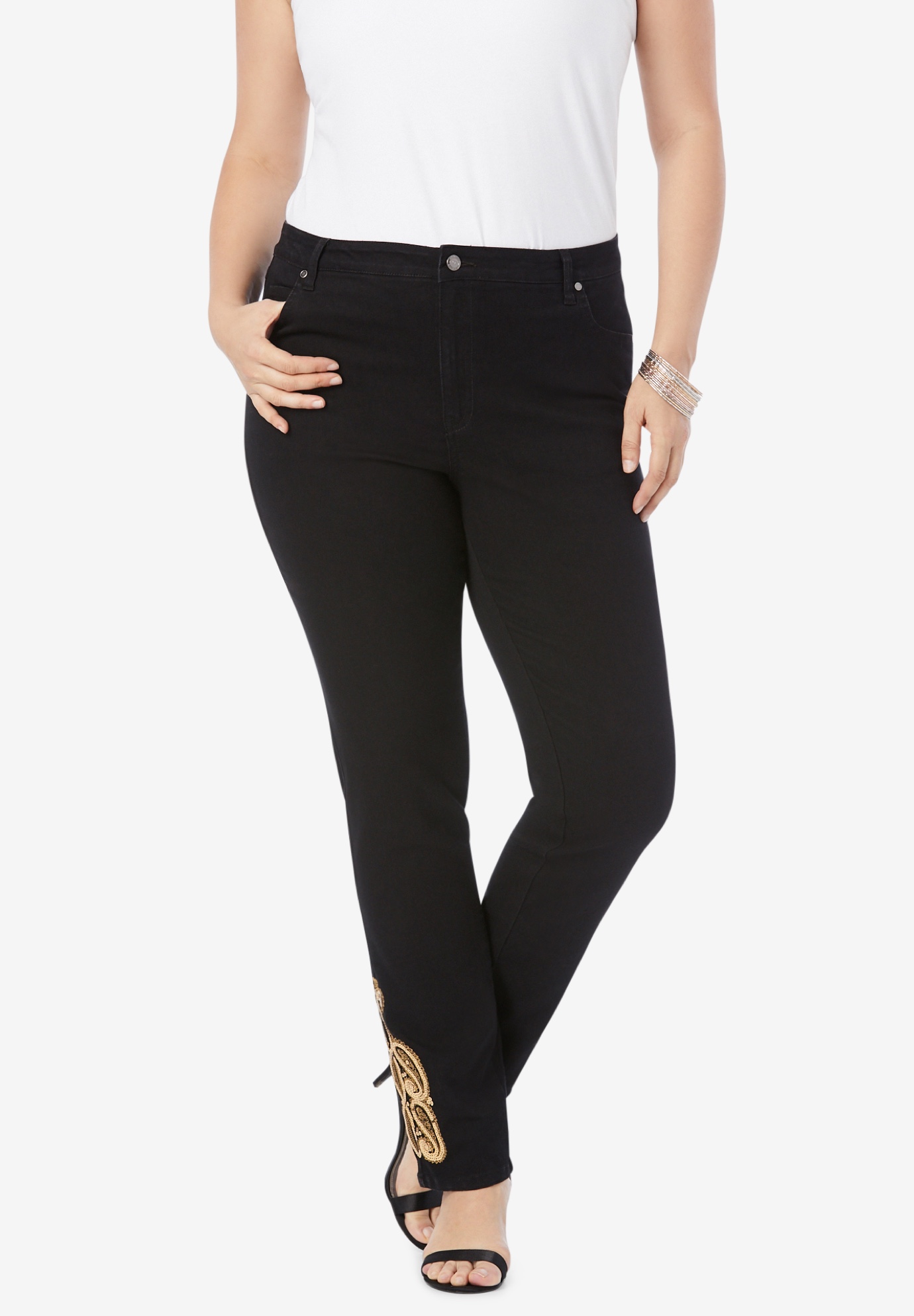 embroidered straight leg jeans