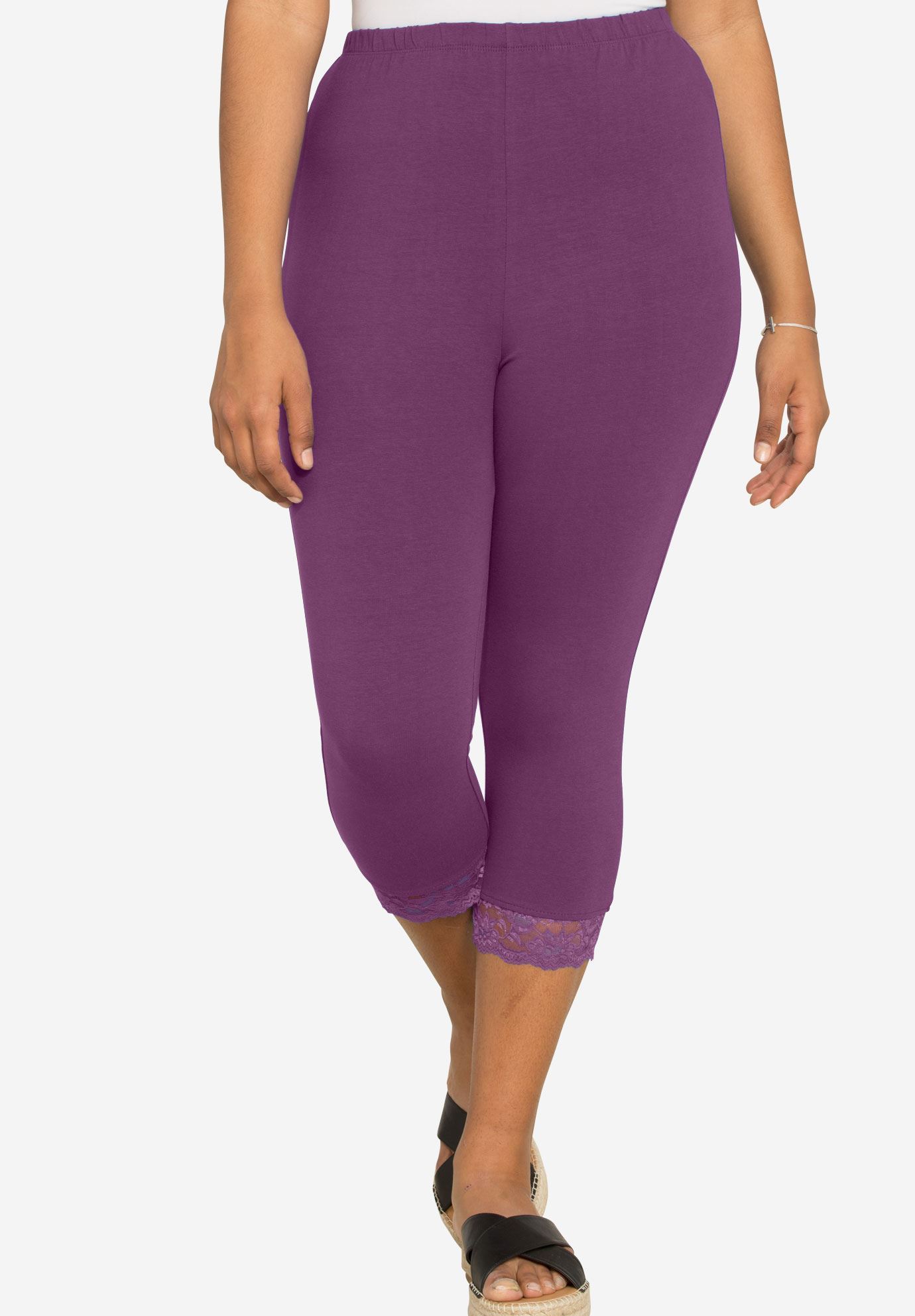 Lace-Trim Capri | Plus Size Leggings | Roaman's