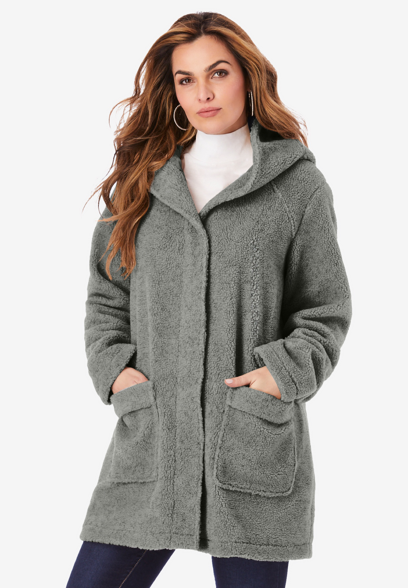 Hooded Textured Fleece Coat  Plus SizeWool Fleece  
